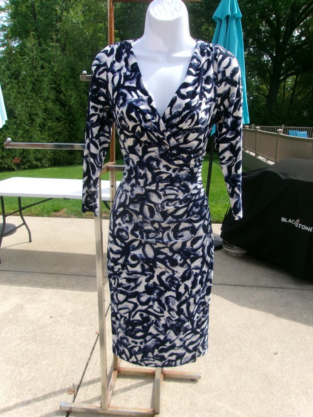 LAUREN BLUE&WHITE PRINT KNIT DRESS 6